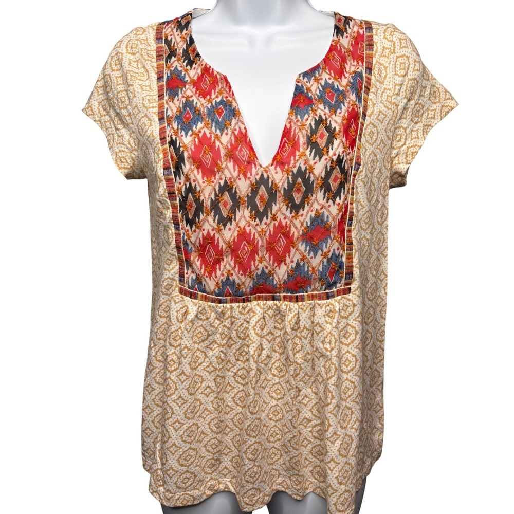 AKEMI + KIN Womens Tan Orange Boho Embroidered Peasant Top S Boho-Chic Airy Arty